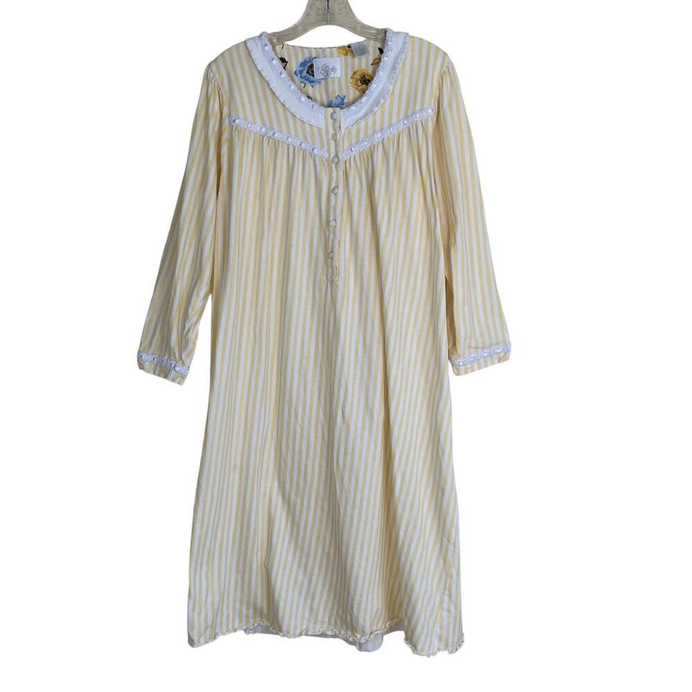 Go Softly Sz S Vintage Long Sleeve Cotton Nightgown Yellow Striped Ribbon Detail